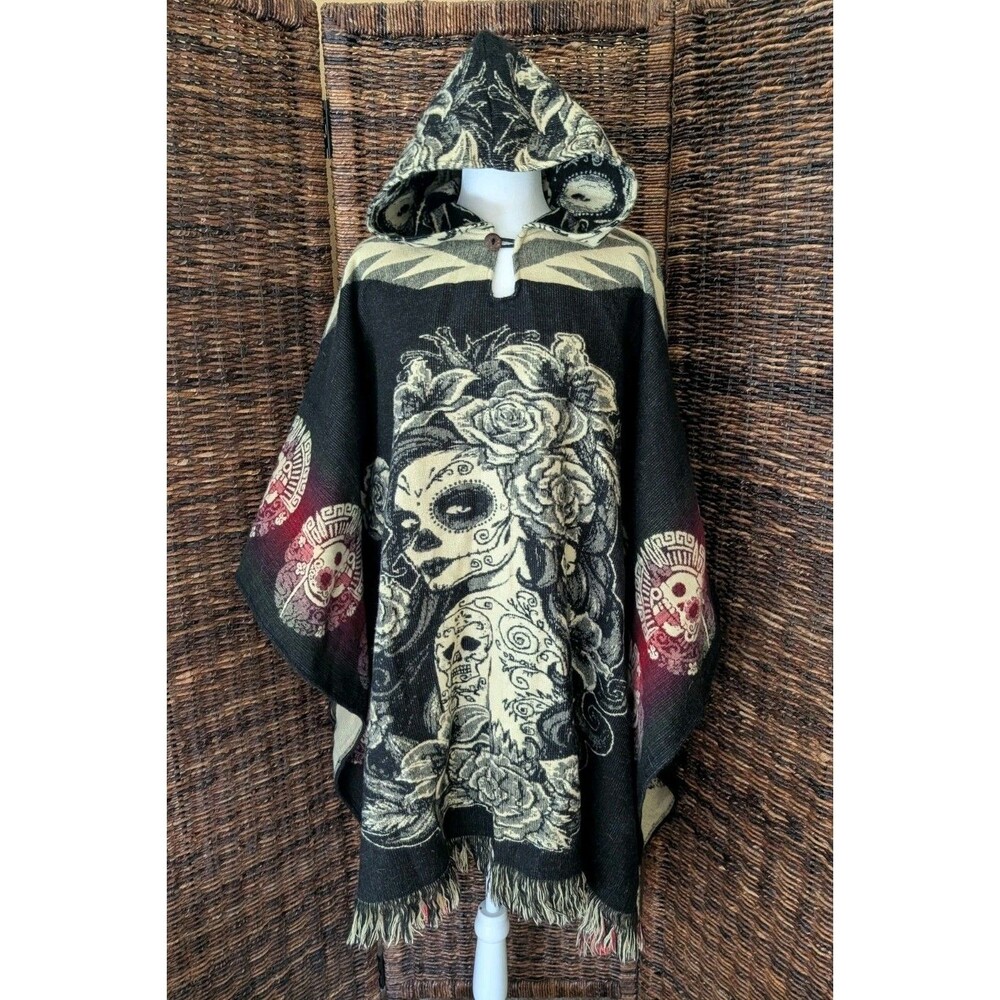 Day Of The Dead Poncho One Size Western Southwestern Festival Boho Fringe Artsy